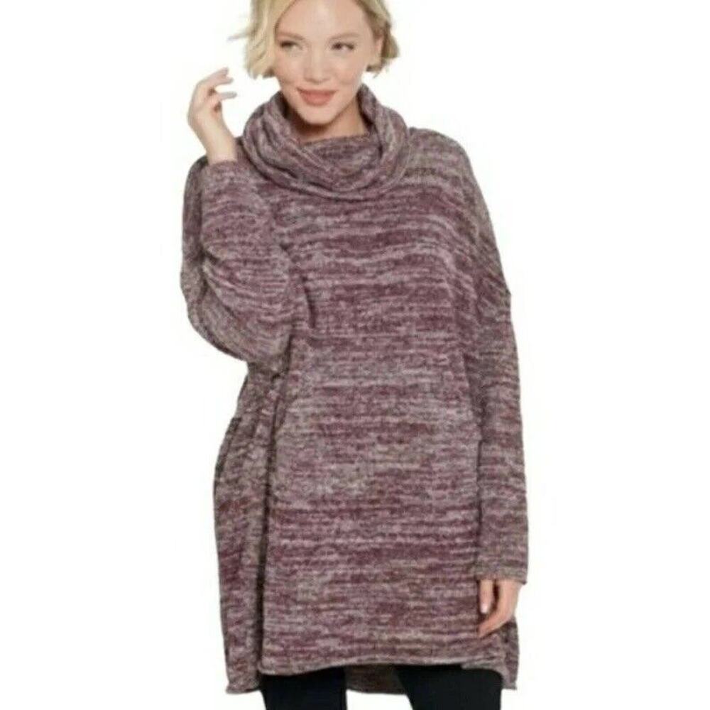 Barefoot Dreams Lounge Pullover Cozychic •O/S•Funnel Neck Heather Burgundy 800